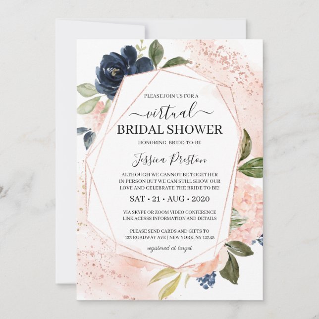 Navy Blush Floral Geometric Virtual Bridal Shower Invitation (Front)