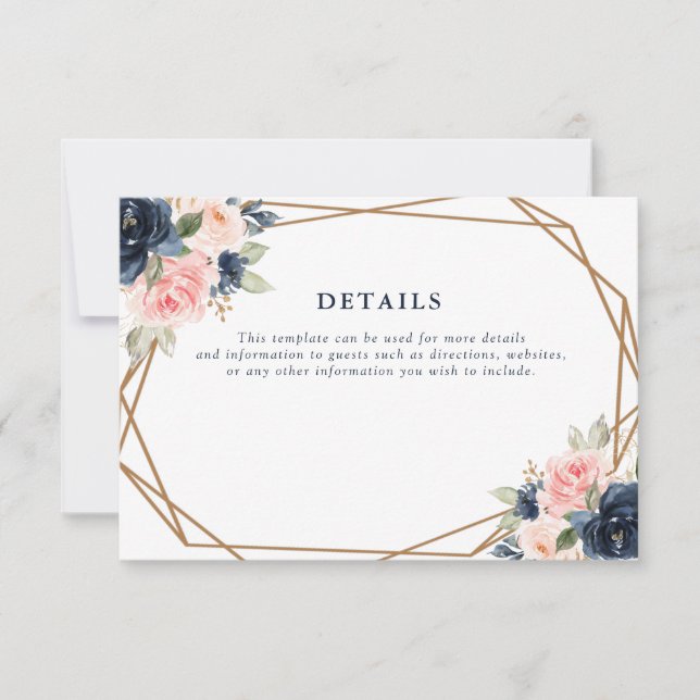 navy & blush floral geometric wedding details card (Front)