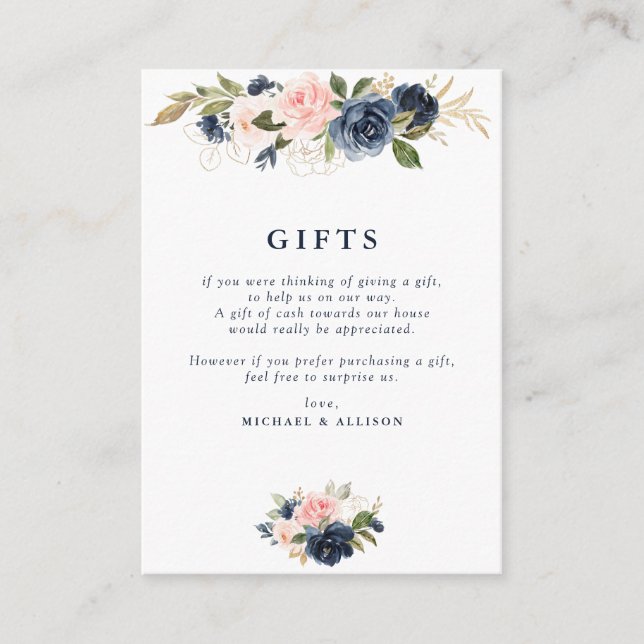 Navy & blush floral geometric wedding gifts card (Front)