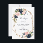 navy blush floral geometric wedding thank you card<br><div class="desc">A lovely floral design with navy & blush watercolor flowers and a geometric frame.  The text and colours can be personalised.</div>