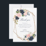 navy blush floral geometric wedding thank you card<br><div class="desc">A lovely floral design with navy & blush watercolor flowers and a geometric frame.  The text and colours can be personalised.</div>