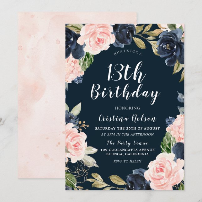 Navy Blush Floral Girls Boys 13th Birthday Party Invitation (Front/Back)