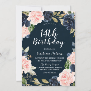 Navy Blush Floral Girls Boys 14th Birthday Party Invitation