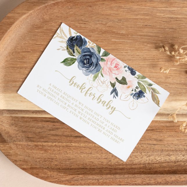 Navy Blush Floral Gold Baby Shower Book Request   Enclosure Card (Creator Uploaded)