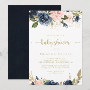 Navy Blush Floral Gold Baby Shower  Invitation