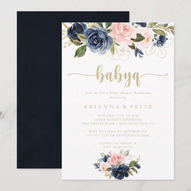 Navy Blush Floral Gold BabyQ Baby Shower Barbecue  Invitation (Front/Back)