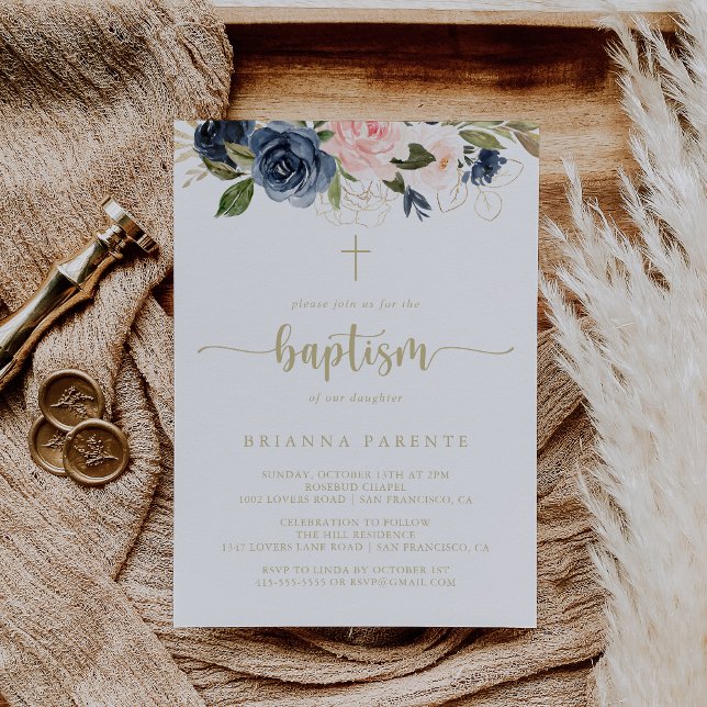Navy Blush Floral Gold Baptism  Invitation (Creator Uploaded)