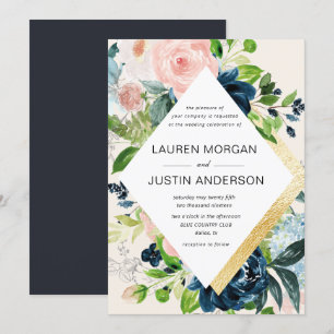 navy blush floral gold border wedding invitation