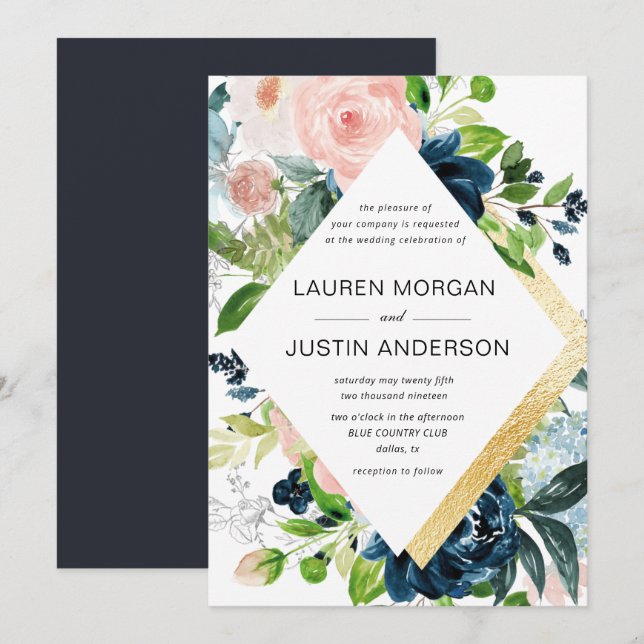 navy blush floral gold border wedding invitation (Front/Back)