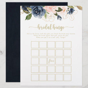 Navy Blush Floral Gold Bridal Bingo Game