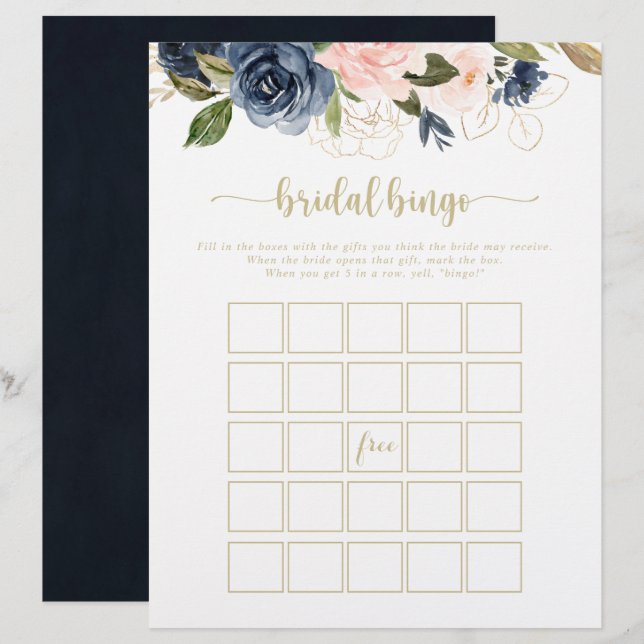 Navy Blush Floral Gold Bridal Bingo Game (Front/Back)