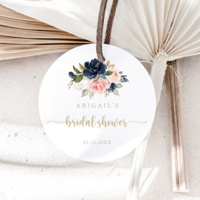 Navy Blush Floral Gold Bridal Shower Favour   Classic Round Sticker (Creator Uploaded)