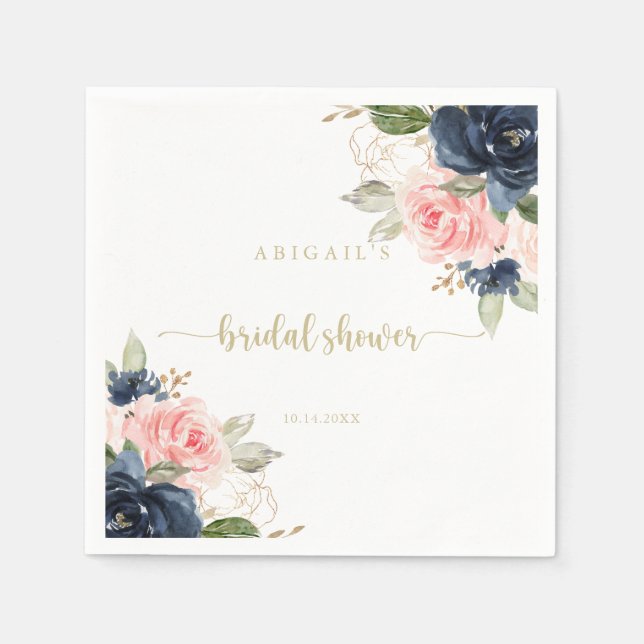 Navy Blush Floral Gold Bridal Shower  Napkins (Front)