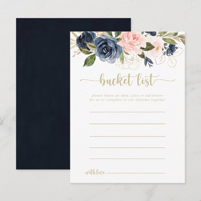 Navy Blush Floral Gold Bucket List Cards (Front/Back)