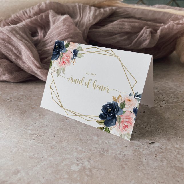 Navy Blush Floral Gold Geometric Bridal Party  Thank You Card (Creator Uploaded)