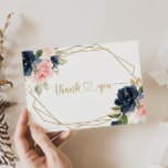 Navy Blush Floral Gold Geometric Flat Wedding  Thank You Card<br><div class="desc">This navy blush floral gold geometric flat wedding thank you card is perfect for a rustic wedding. The design features beautiful hand-painted dark blue, blue, navy, pink , blush, gold flowers and green foliage, adorning a geometric frame. Personalise the inside of the card with your names, and a thank you...</div>