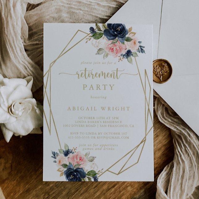 Navy Blush Floral Gold Geometric Retirement Party  Invitation (Creator Uploaded)