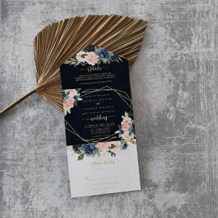 Navy Blush Floral Gold Geometric Wedding All In One Invitation