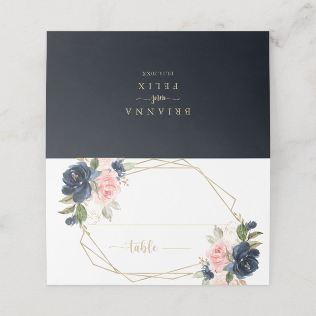 Navy Blush Floral Gold Geometric Wedding  Place Card (Outside Unfolded)