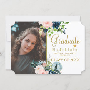 Navy blush floral gold graduation announcement