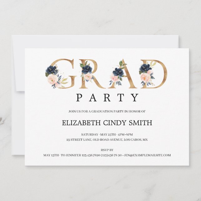 Navy Blush Floral Gold Letter Grad Party Photo Invitation (Front)