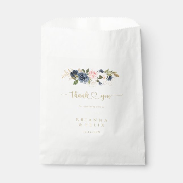 Navy Blush Floral Gold Thank You Wedding   Favour Bags (Front)