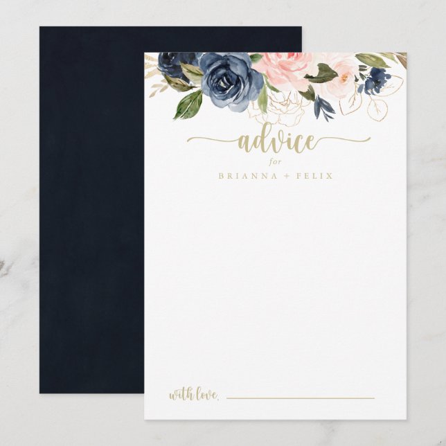 Navy Blush Floral Gold Wedding  Advice Card (Front/Back)