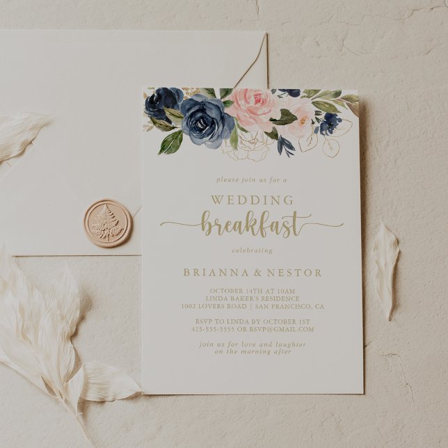 Navy Blush Floral Gold Wedding Breakfast   Invitation (Creator Uploaded)