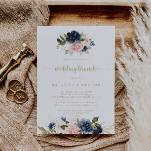 Navy Blush Floral Gold Wedding Brunch   Invitation