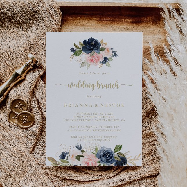 Navy Blush Floral Gold Wedding Brunch   Invitation (Creator Uploaded)