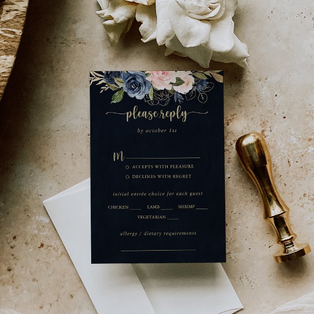 Navy Blush Floral Gold Wedding Menu Choice RSVP (Creator Uploaded)
