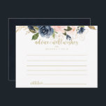 Navy Blush Floral Gold Wedding  Postcard<br><div class="desc">This navy blush floral gold wedding advice card is perfect for a rustic wedding. The design features beautiful hand-painted dark blue, blue, navy, pink, blush, gold flowers and green foliage. These cards are perfect for a wedding, bridal shower, baby shower, graduation party & more. Personalise the cards with the names...</div>