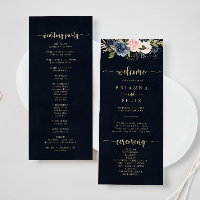 Navy Blush Floral Gold Wedding Program Programme (Creator Uploaded)