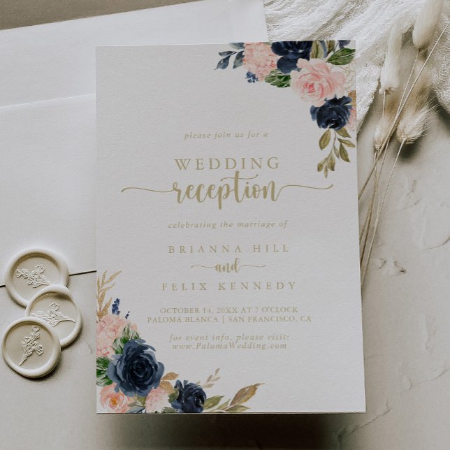 Navy Blush Floral Gold Wedding Reception   Invitation (Creator Uploaded)