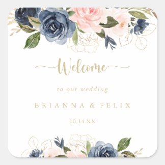 Navy Blush Floral Gold Wedding Welcome Square Sticker