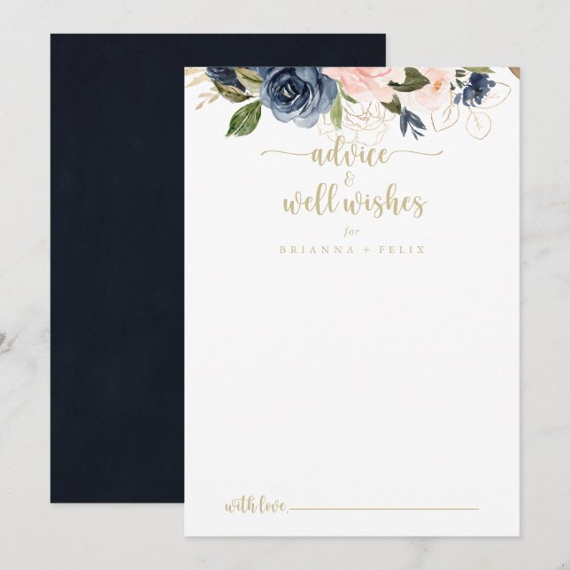 Navy Blush Floral Gold Wedding Well Wishes  Advice Card (Front/Back)