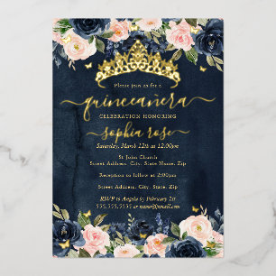 Navy Blush Floral Golden Butterfly Quinceanera