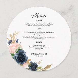 Navy Blush Floral Golden Leaves Round Menu