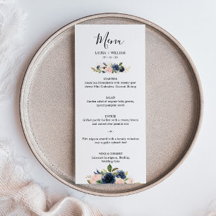 Navy Blush Floral Golden Leaves Wedding Menu