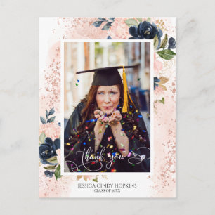 Navy Blush Floral Graduation Photo Thank You Postcard