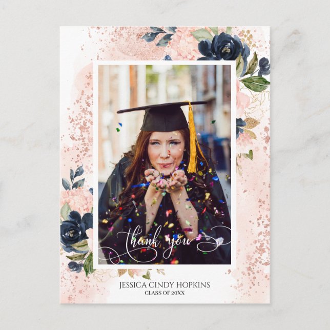 Navy Blush Floral Graduation Photo Thank You Postcard (Front)