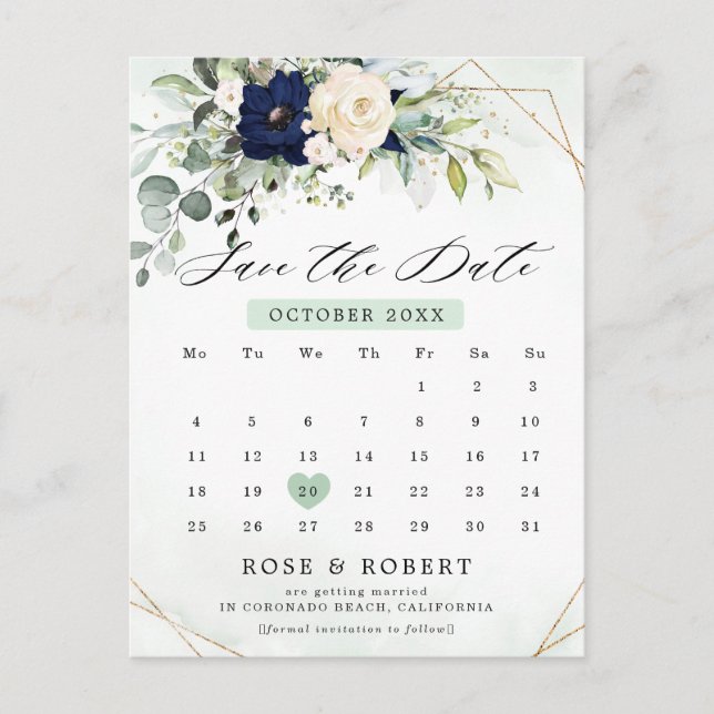 Navy Blush Floral Greenery Calendar Save the Date Postcard (Front)