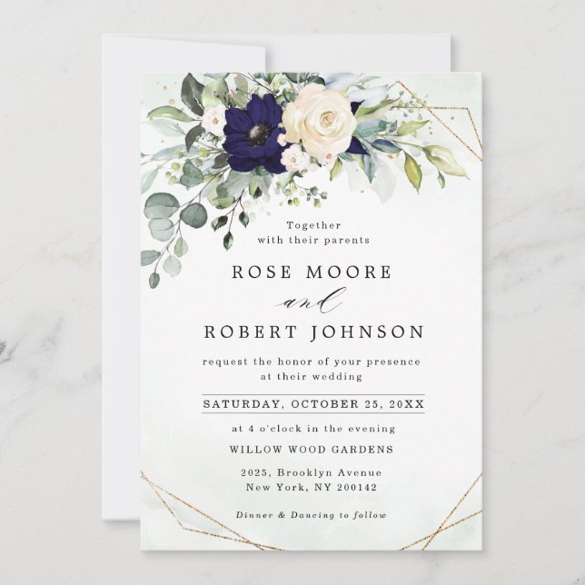 Navy Blush Floral Greenery Geometric Wedding Invitation (Front)