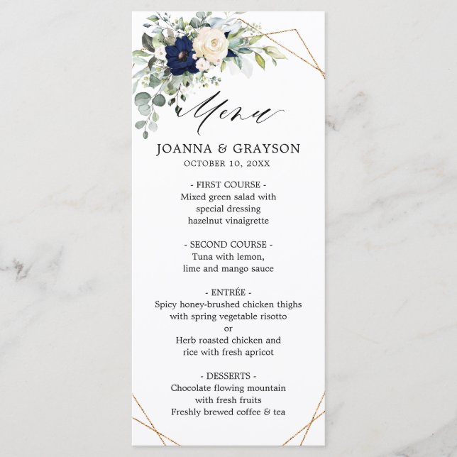 Navy Blush Floral Greenery Geometric Wedding Menu (Front)