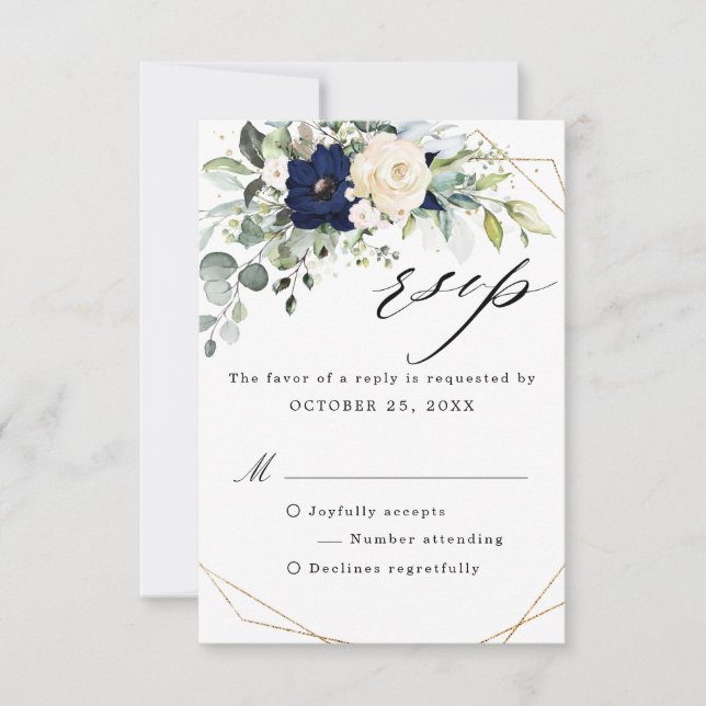 Navy Blush Floral Greenery Geometric Wedding RSVP Card (Front)