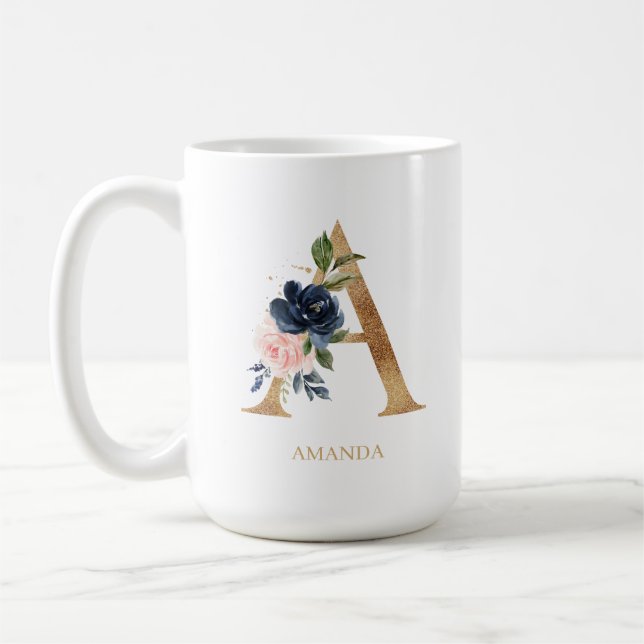 Navy Blush Floral Monogram Letter "A" Personalised Coffee Mug (Left)