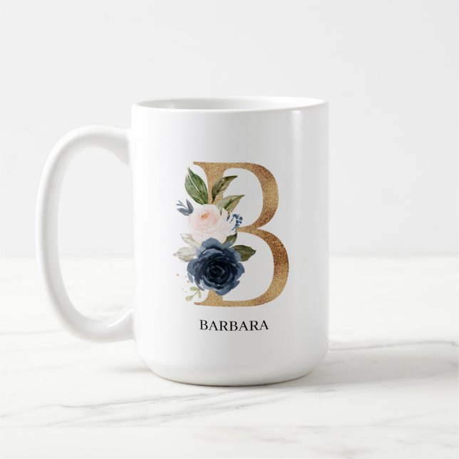 Navy Blush Floral Monogram Letter "B" Personalised Coffee Mug (Left)
