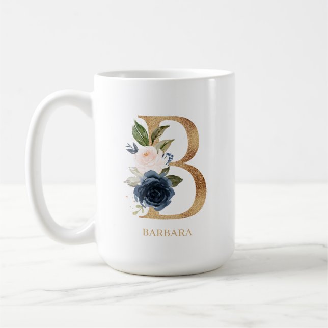 Navy Blush Floral Monogram Letter "B" Personalised Coffee Mug (Left)