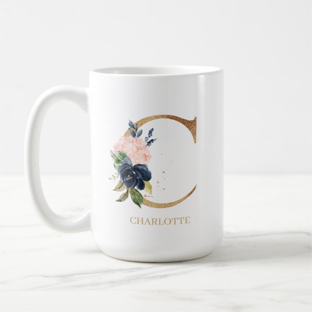 Navy Blush Floral Monogram Letter "C" Personalised Coffee Mug (Left)