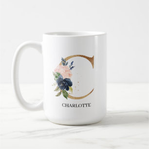 Navy Blush Floral Monogram Letter "C" Personalised Coffee Mug